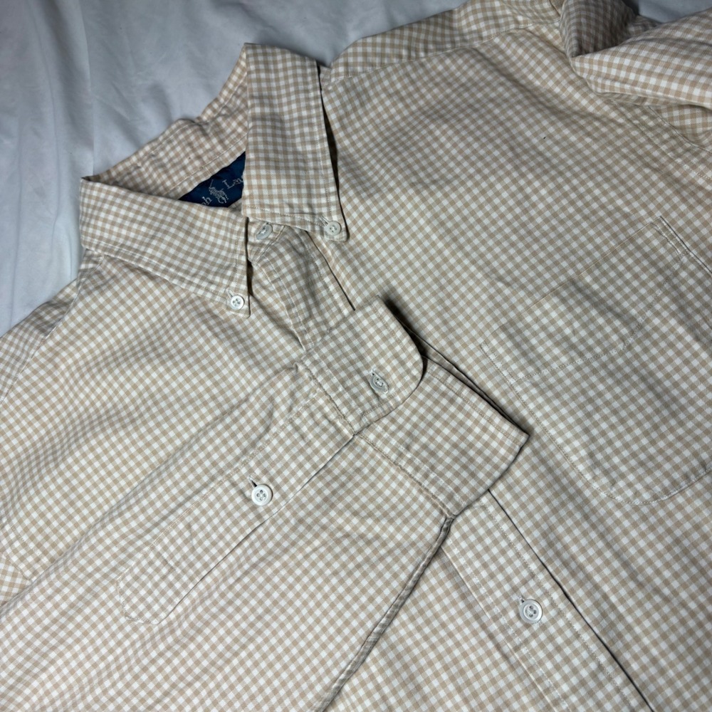 Polo Ralph Lauren Mens Large Gingham Check Button Down Shirt Tan White Cotton